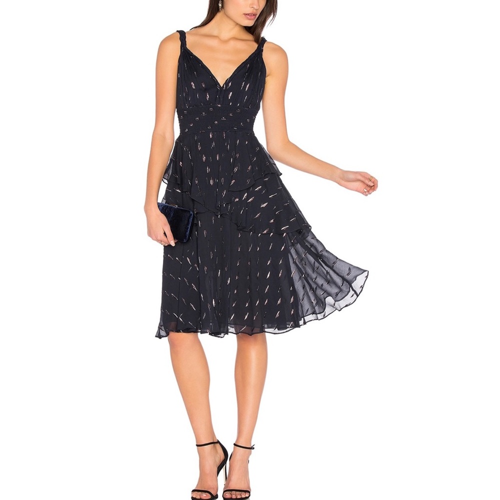 Rebecca Taylor Metallic Dot Silk Chiffon Tiered Hem Dress